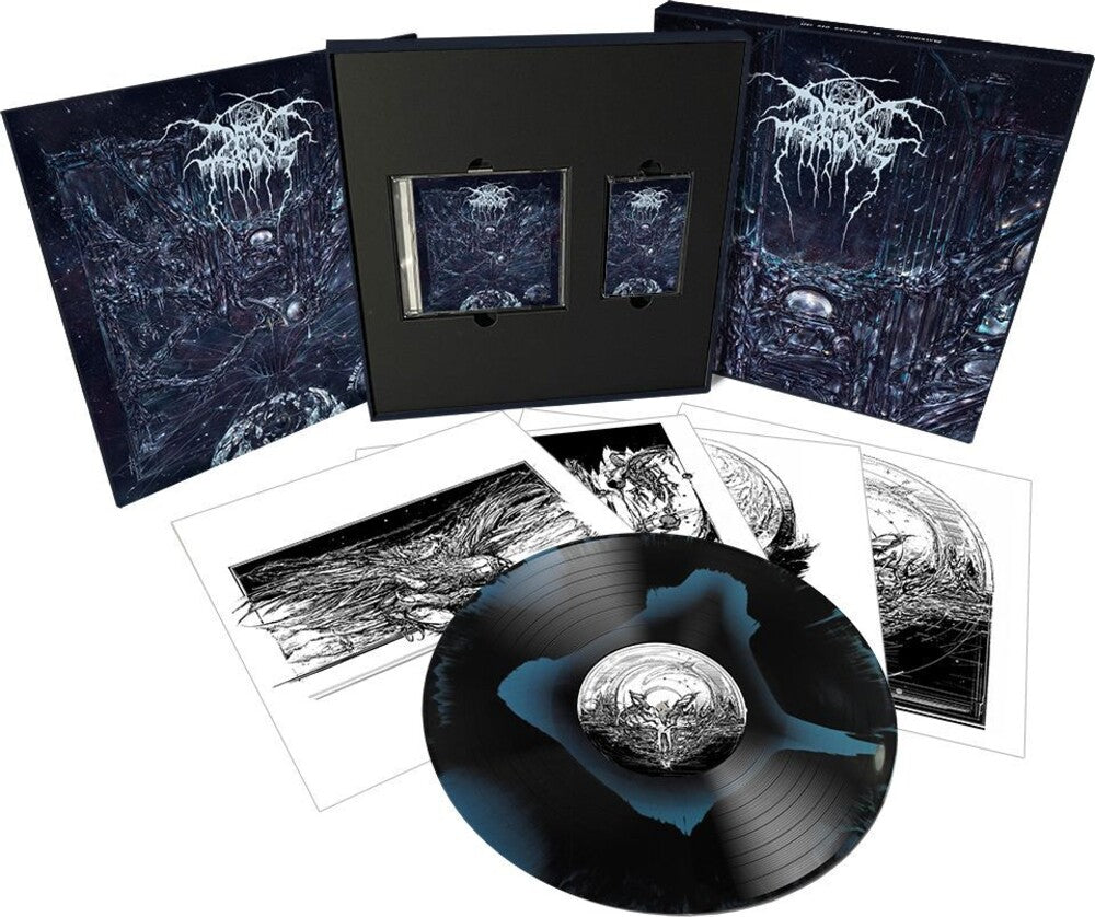the album cover for Darkthrone - It Beckons Us All - Deluxe Edition Boxset, 180gm Black & White Marble Vinyl, CD, Cassette & Art Prints