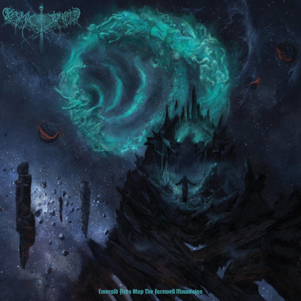 the album cover for Cosmic Putrefaction - Emerald Fires Atop The Farewell Mountains
