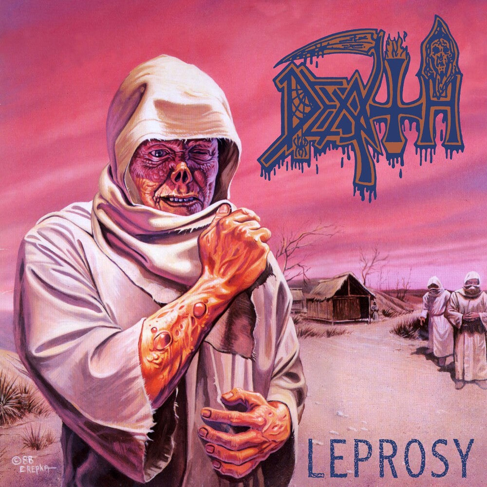 the album cover for Death - Leprosy [Clear Vinyl with Neon Magenta Pinwheels with HEAVY Aqua Blue, Gold & Bone White Splatter LP]