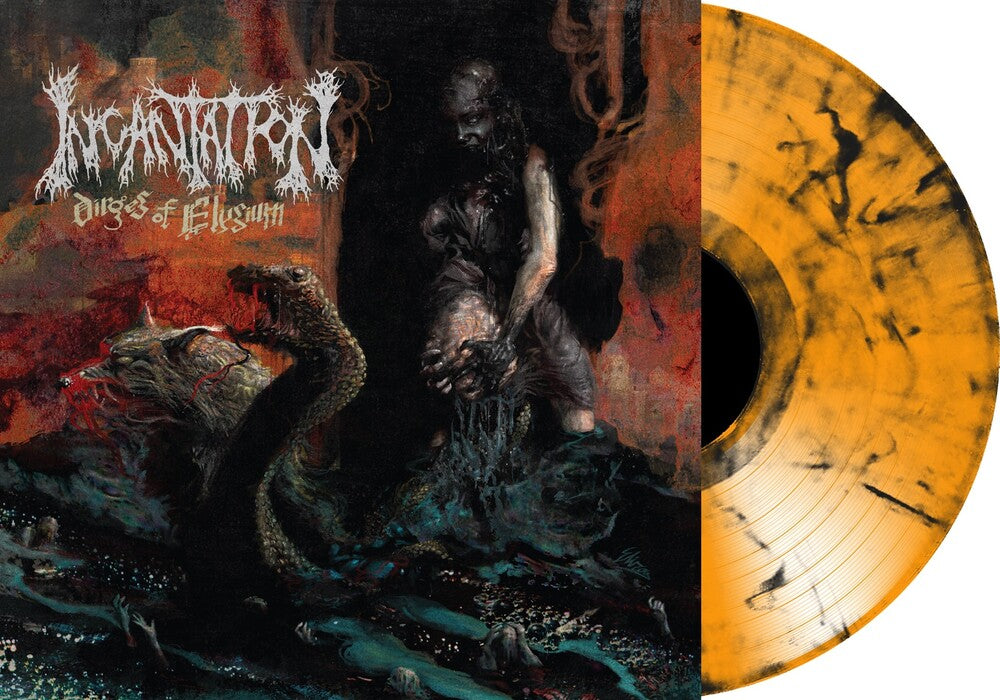 the album cover for Incantation - Dirges of Elyzium (Transparent Red / Black Marble Vinyl)