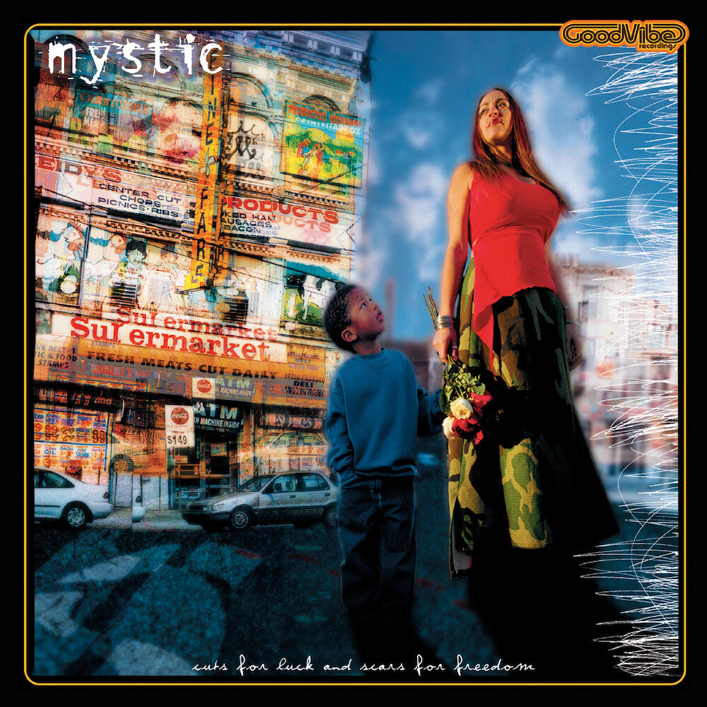 the album cover for Mystic - Cuts For Luck And Scars For Freedom [RSD Essential Indie Colorway Black Ice 2LP + Ruby Red 7in]