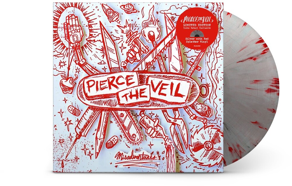 the album cover for Pierce The Veil - Misadventures [Indie Exclusive Limited Edition Silver w/ Red Splatter LP]