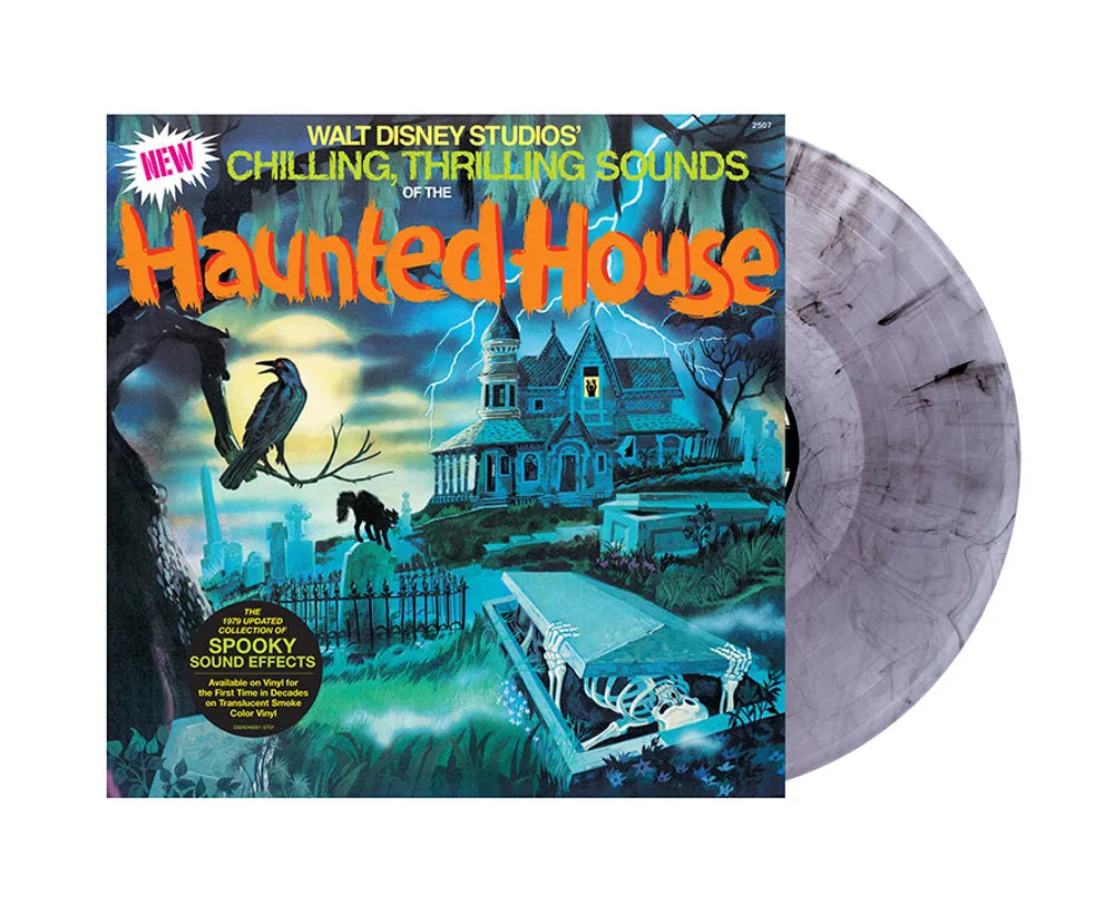 the album cover for Walt Disney Studio's Presents - Chilling, Thrilling Sounds Of The Haunted House [RSD Essential Indie Colorway Translucent Smoke LP]