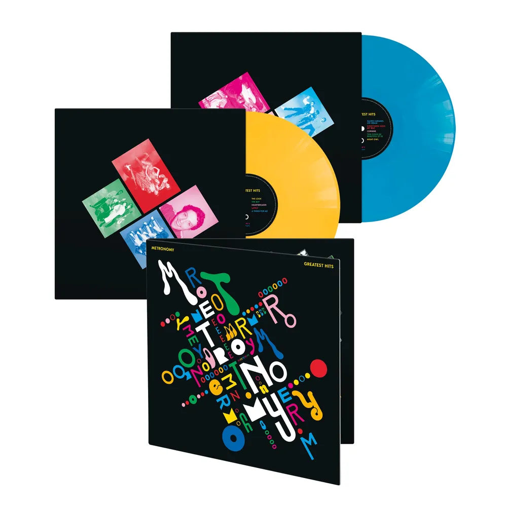 the album cover for Metronomy - Greatest Hits [Indie Exclusive Yellow/Blue 2 LP]
