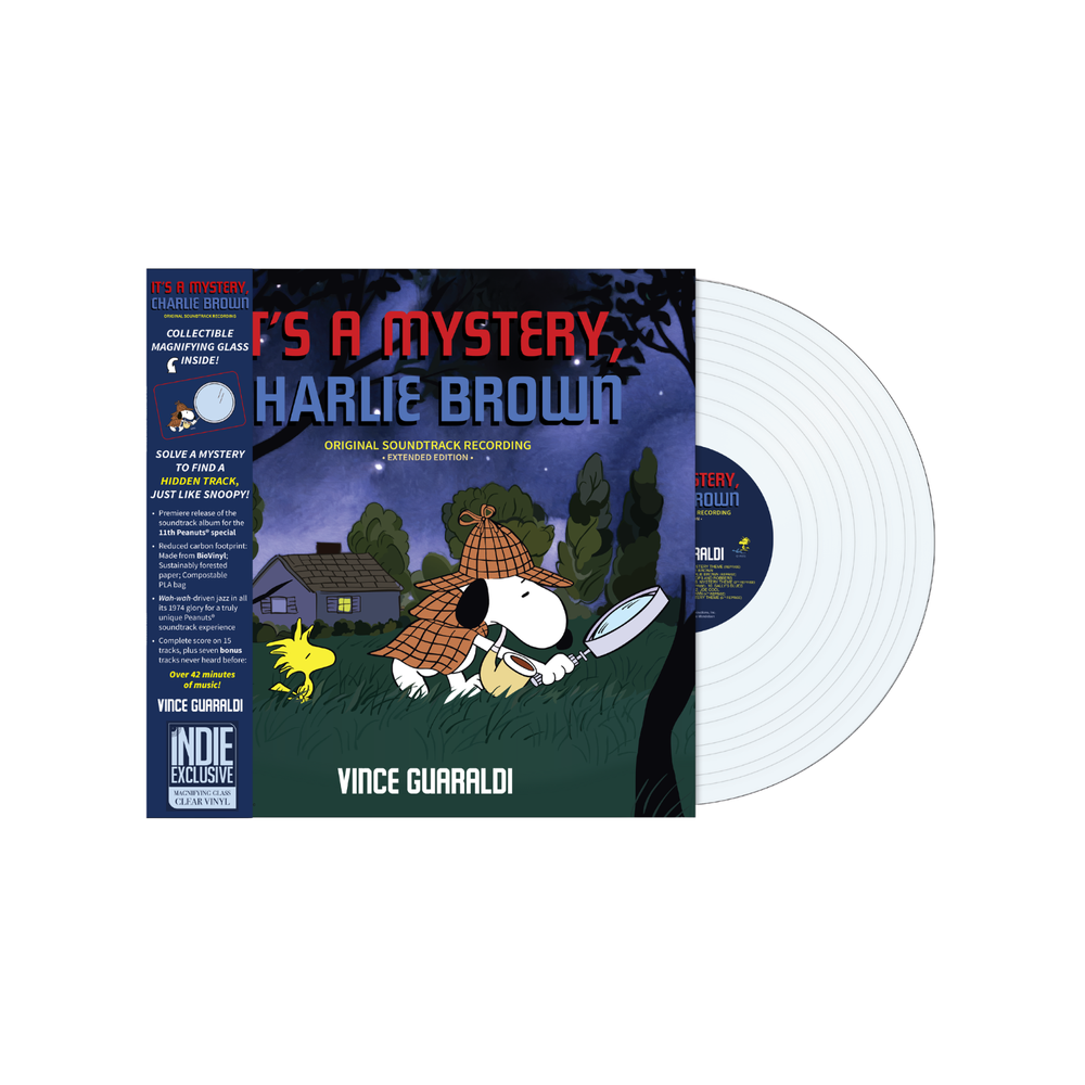 the album cover for Vince Guaraldi - It's a Mystery, Charlie Brown [Indie Exclusive Magnifying Glass Clear]