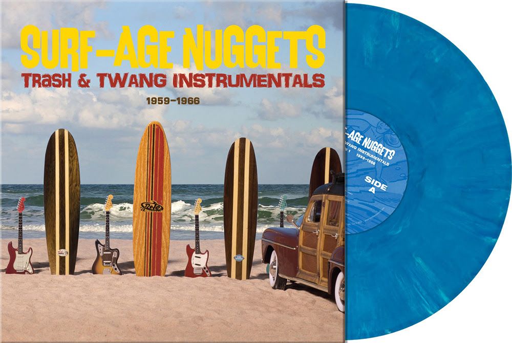 the album cover for Various Artists - SURF-AGE NUGGETS: TRASH & TWANG INSTRUMENTALS [Indie Exclusive Laguna Blue Marble]