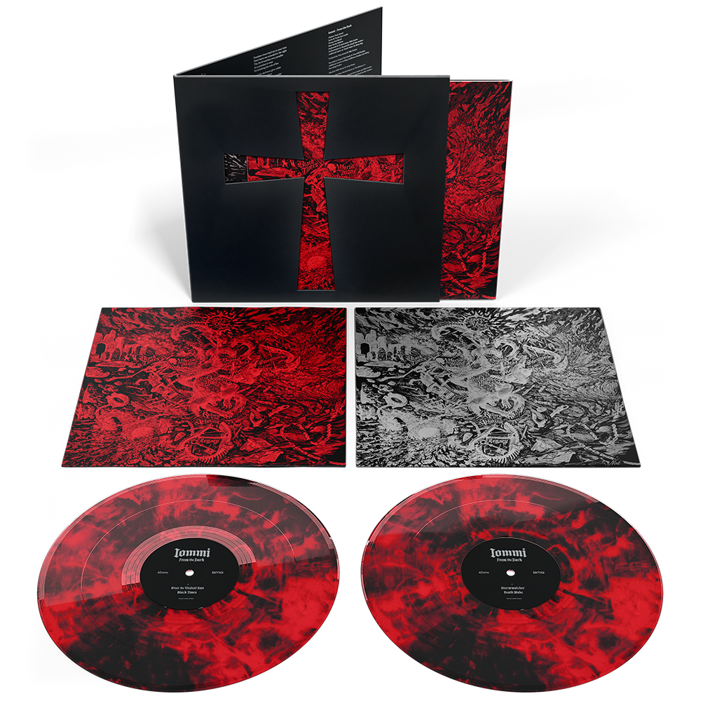 the album cover for Tony Iommi - From The Dark [Indie Exclusive Red/Black Marble 45 RPM]