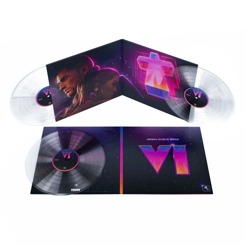 the album cover for Justice - Grand Theft Auto VI : Original Score [Indie Exclusive Crystal Clear 3LP]