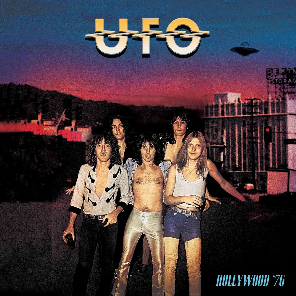 the album cover for UFO - Hollywood '76 - Blue/Red Splatter (Blue) [Colored Vinyl]