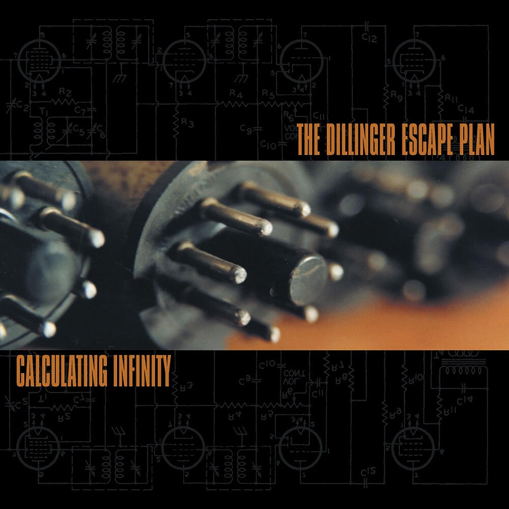 the album cover for The Dillinger Escape Plan - Calculating Infinity [Halloween Orange, Metallic Silver and Black Tri Color Merge]