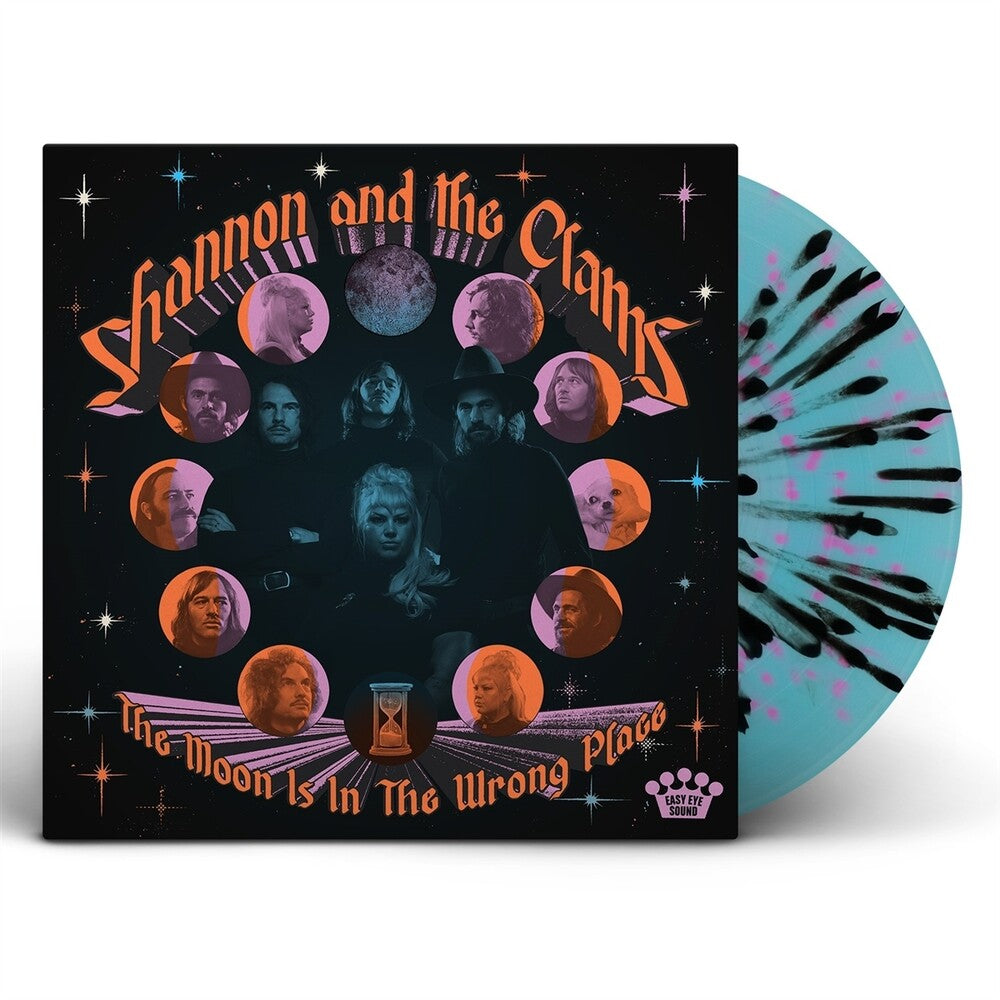 the album cover for Shannon & The Clams - The Moon Is In The Wrong Place [Indie Exclusive Limited Edition Blue w/ Neon Pink + Black Splatter LP]