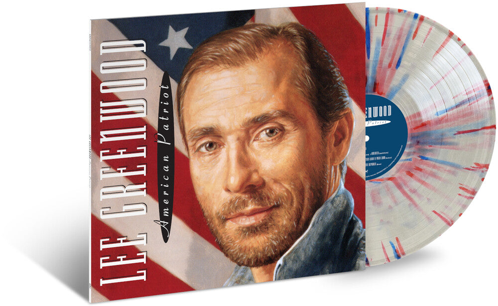 the album cover for Lee Greenwood - American Patriot [White with Red and Blue Fireworks Splatter LP]