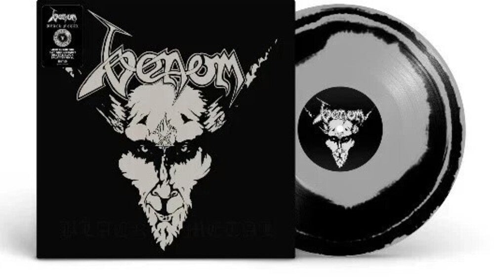 the album cover for Venom - Black Metal [RSD Essential Indie Colorway Silver & Black Splatter LP]