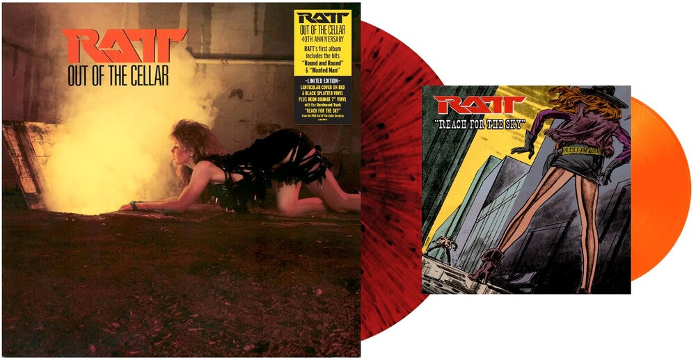 the album cover for Ratt - Out of the Cellar [Red/Black Splatter LP/Neon Orange 7inch Single]
