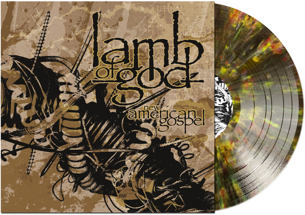 the album cover for Lamb Of God - New American Gospel - [Clear Black w/ White & Gold Splatter Vinyl]