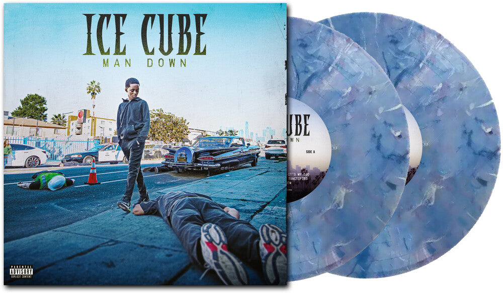 the album cover for Ice Cube - Man Down - Ltd Deluxe Blue & White Marble Vinyl