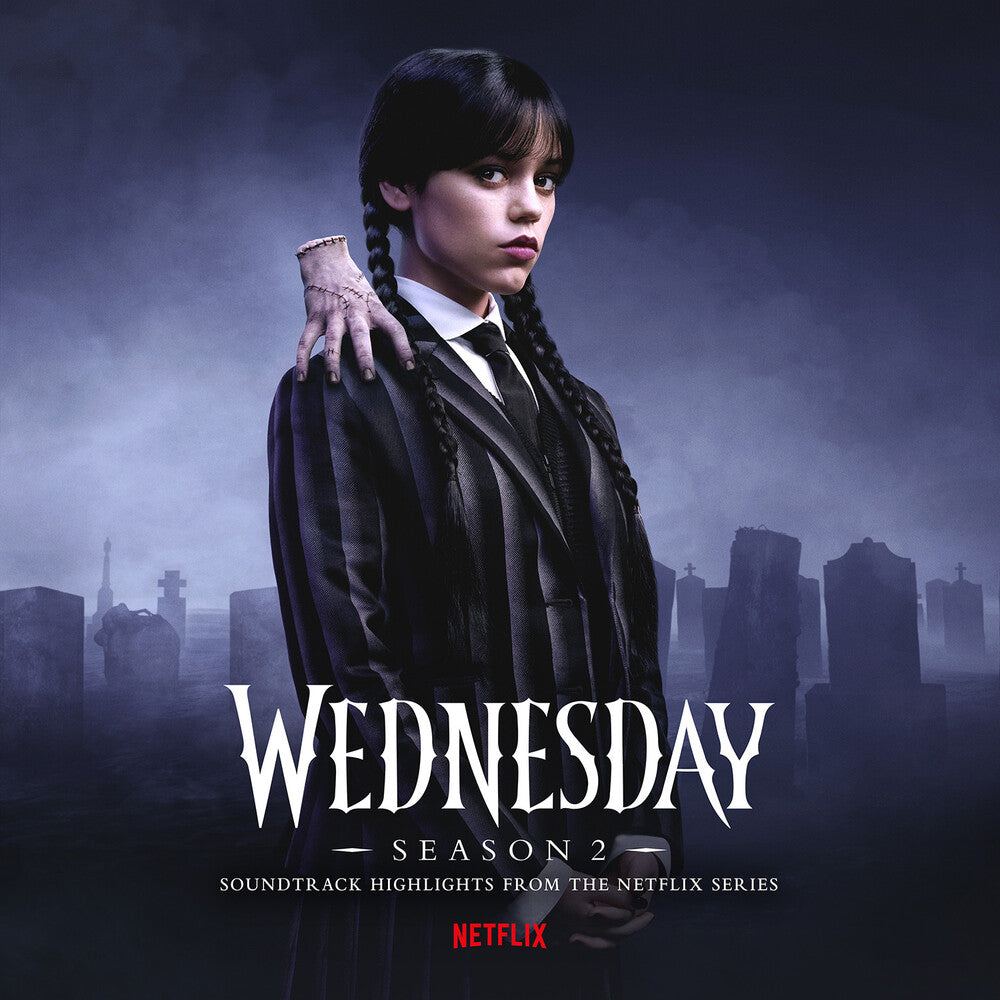 the album cover for Wednesday Addams / Nevermore Academy Orchestra - Wednesday: Season 2 (Original Soundtrack From the Netflix Series) [Purple and Black Blended Transparent Vinyl]