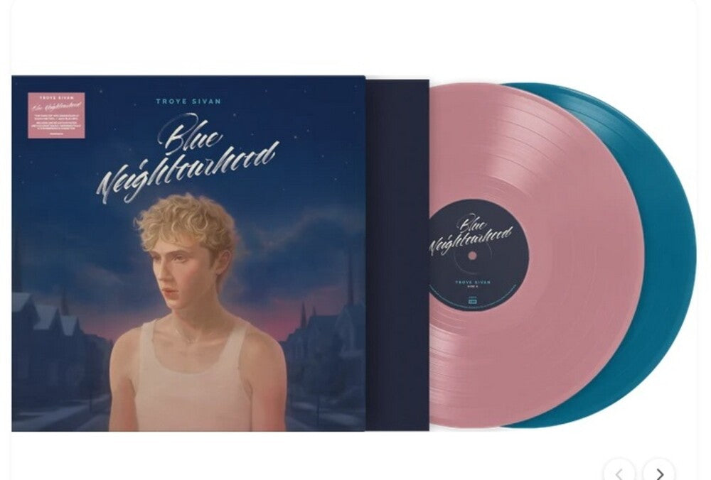 the album cover for Troye Sivan - Blue Neighbourhood 'Ten Years On' - 10th Anniversary [Blush Pink & Aqua Blue]