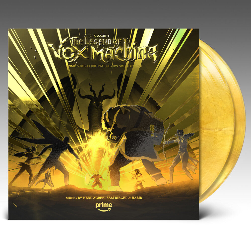 the album cover for Neal Acree, Sam Riegel and Mr. Fantastic - The Legend of Vox Machina - Season 3 (Prime Video Original Series Soundtrack) [Metallic Gold]