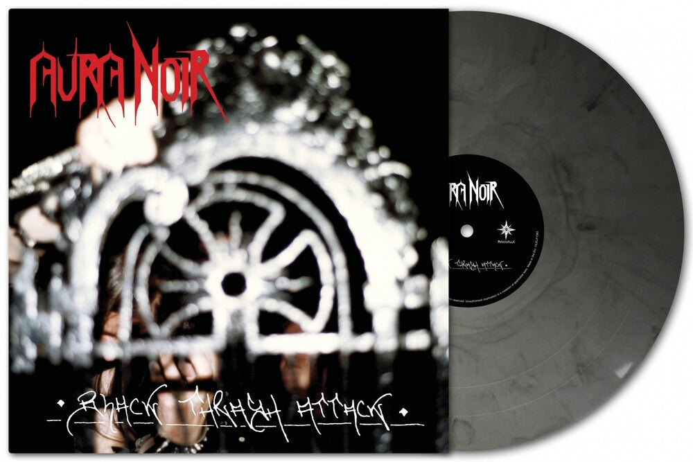 the album cover for Aura Noir - Black Thrash Attack - 30th Anniversary Silver & Black Marble Vinyl