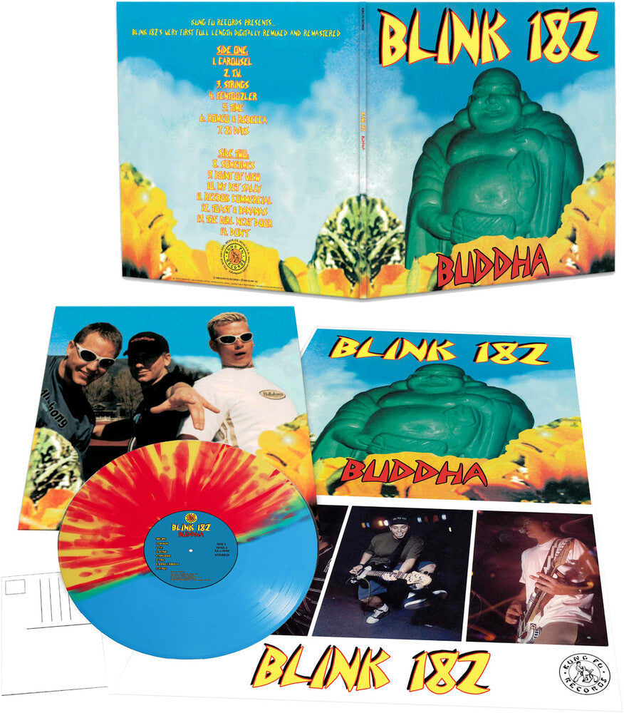 the album cover for Blink 182 - Buddha [Blue Red Yellow Splatter]