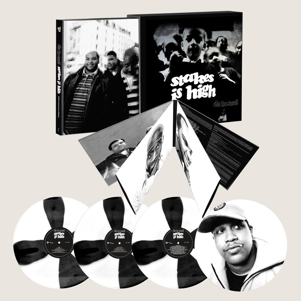 the album cover for De La Soul - Stakes Is High - 30th Anniversary [Black and White Spoke Effect + print of Dave]